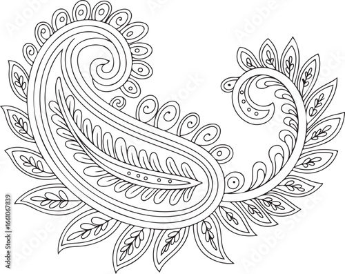 An elaborate and intricate black and white paisley design with a swirling, detailed pattern.