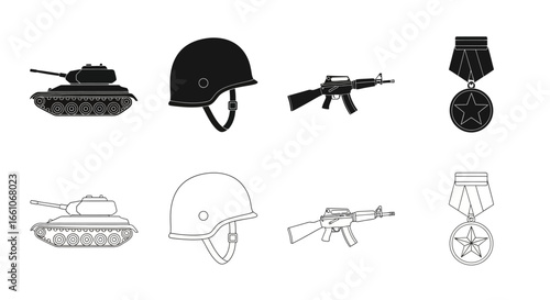 Military icons of tanks, helmets, rifles, and medals, vector graphics