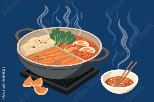 A steaming hot shabu shabu pot brimming with vibrant ingredients and a side of luscious dipping sauce, artfully presented.