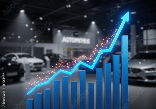 Automotive industry growth chart with blue neon arrow and bar graph