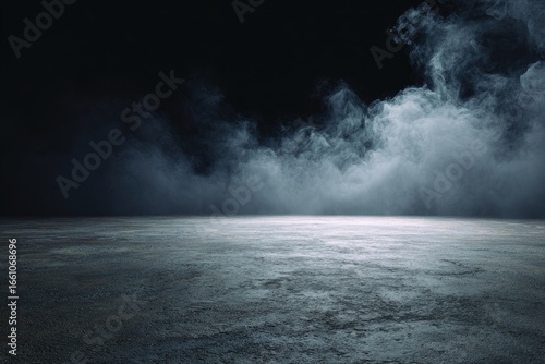 Empty concrete floor bathed in light, with smoky haze