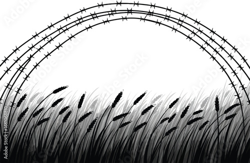 A stark, black and white illustration of sharp, barbed wire arching over a field of tall, swaying grass.