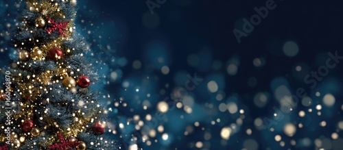 Christmas tree with gold and red ornaments,  illuminated by twinkling lights, against a backdrop of blurred, sparkling bokeh