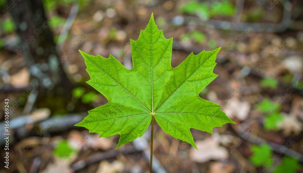Fototapeta premium Vibrant Green Maple Leaf in a Forest Setting with Soft Bokeh Background.