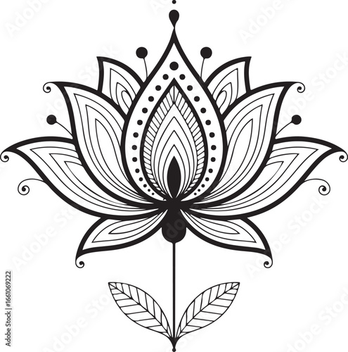 A detailed black and white lotus flower design in a mandala and henna style with intricate patterns and two leaves.