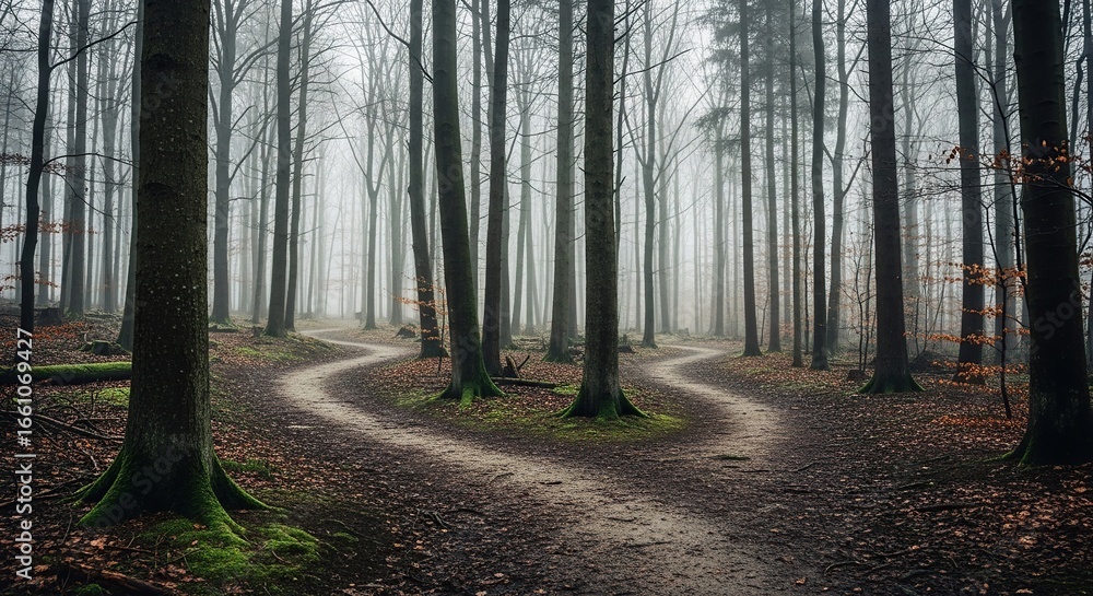 Obraz premium Fork in the path through a misty autumn forest with winding trails