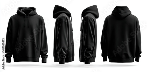 Four views of a black hooded sweatshirt