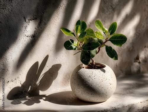 A small potted plant with bright green leaves sits on a textured surface in dd sunlight patterns.