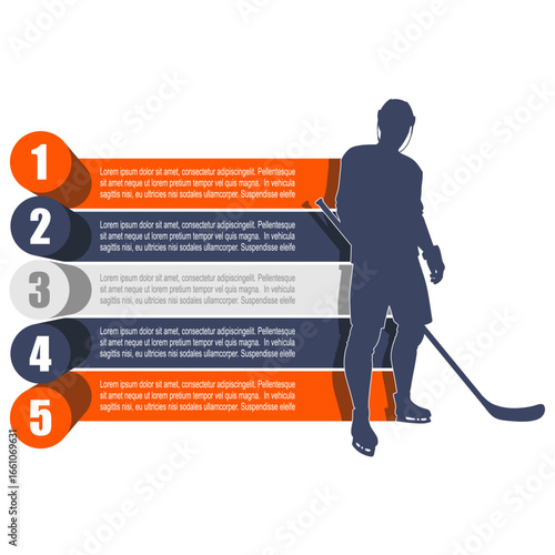 Illustration of ice hockey player with five features or option of project to select. Minimal infographic illustration for sport information visualization.