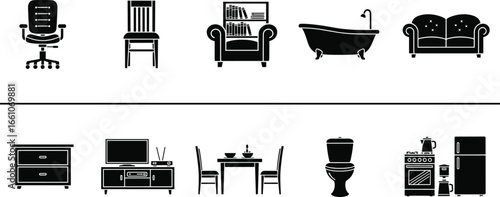 Furniture and appliance silhouette set, household items vector, black icons, home interior symbols, kitchen bathroom living room fixtures, decor pack
