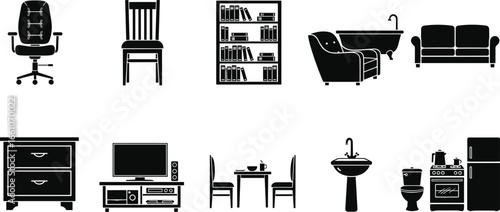 Furniture silhouette icons, household fixtures set, black vector shapes, home interior elements, modern decor symbols, bathroom kitchen living room collection