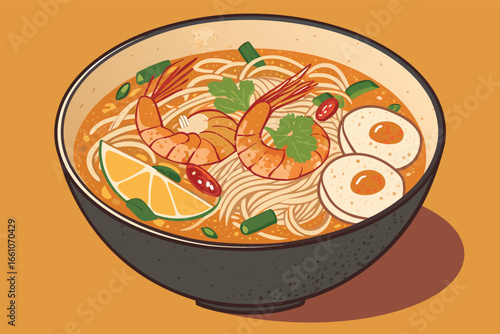 A steaming, aromatic bowl of rich coconut broth laksa, brimming with vibrant noodles, plump prawns, and fresh garnishes.