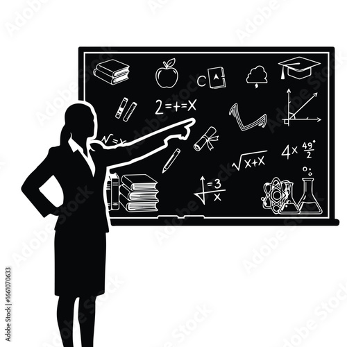 Silhouette of a teacher pointing at a blackboard filled with educational symbols and equations in white color