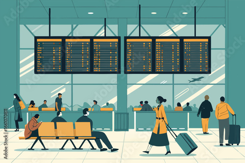 A vast airport arrival departures board displays flight information, showcasing destinations, airlines, gate numbers, and wait times.