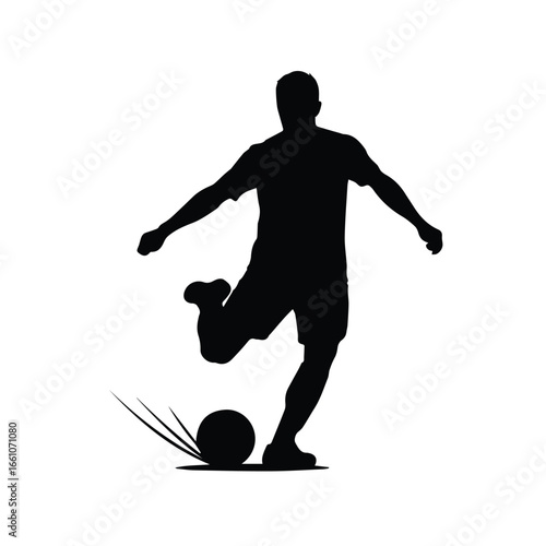 Silhouette of a soccer player kicking a ball with motion lines showing the impact of the kick action on the ball