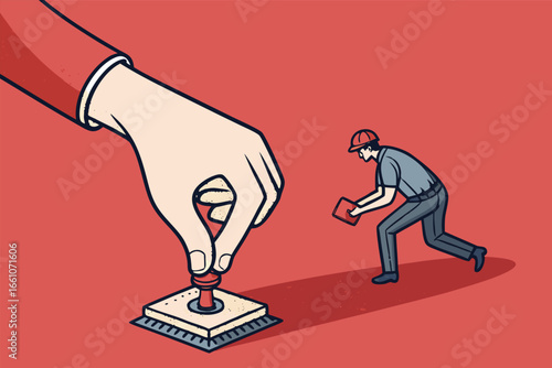 Gigantic hand dominates, crushing a tiny, stressed worker, symbolizing corporate pressure and overwhelming workload.