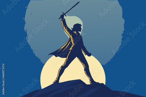 A determined leader, sword raised high, igniting a revolutionary fire, flat graphic style.