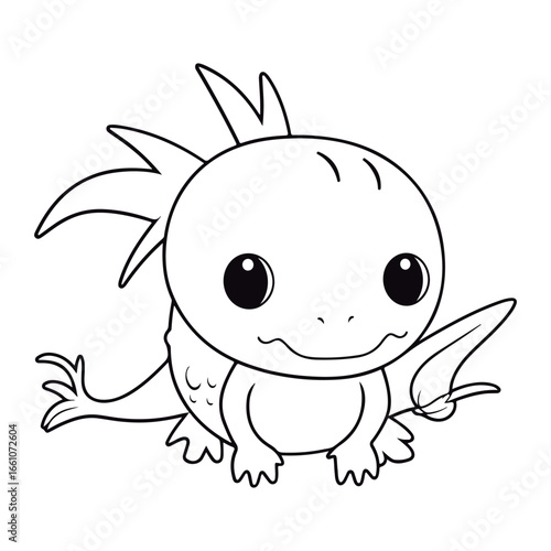 outlined baby Axolotl kawai coloring page illustration.