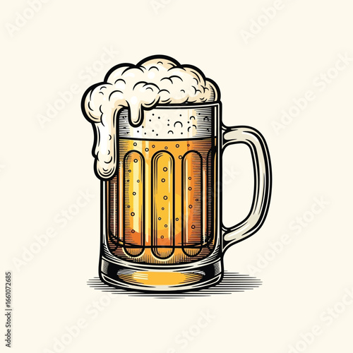 Frothy Beer Mug Vintage Vector Illustration