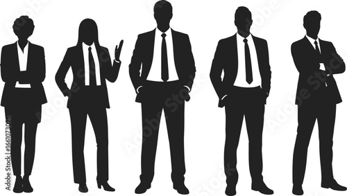 Professional business people silhouettes in formal attire standing in various poses, teamwork concept, corporate communication, leadership, office staff illustration vector
