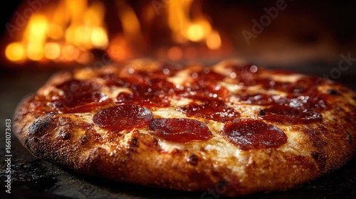 A pepperoni pizza, freshly baked, sits on a dark surface before a blurred fiery background