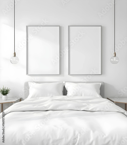 A minimalist white bed with crisp bedding, two ISO A poster mockups in slim aluminum frames above, styled with glass pendant lights.