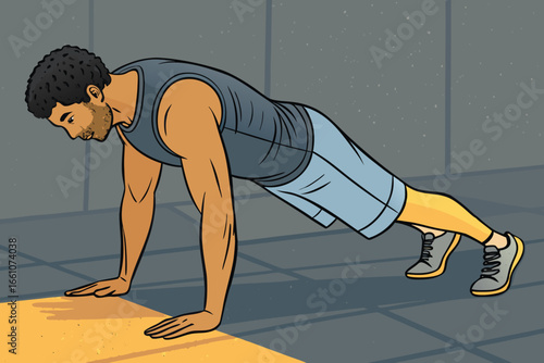 Muscular man performing push-ups on a gym floor with a flat, bold color palette.