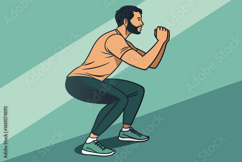 Muscular man executing deep squats with perfect form, demonstrating strength, balance, and core engagement for a powerful athletic performance.