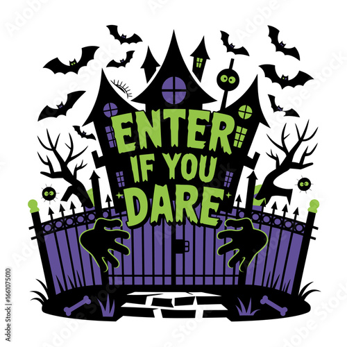 Enter if you dare haunted house gate, spooky trees, bats and moon, purple Halloween vector