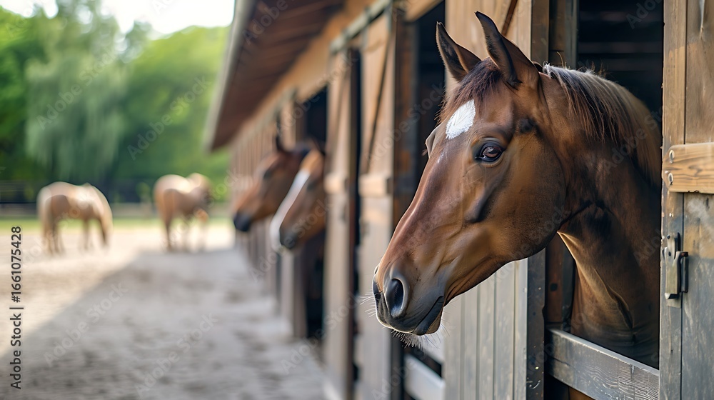 Fototapeta premium Inside the bright and clean stables of an equestrian farm with horses poking their heads out of the stalls.