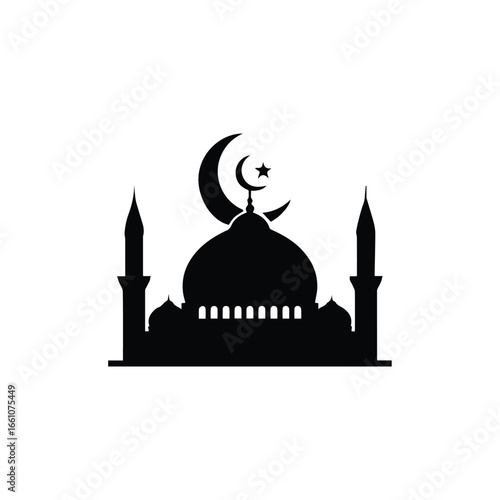 Silhouette illustration of a mosque with minarets and a crescent moon and star on top of the dome