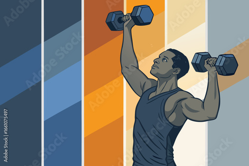 Muscular man performing dumbbell workout, focusing on strength training and fitness.