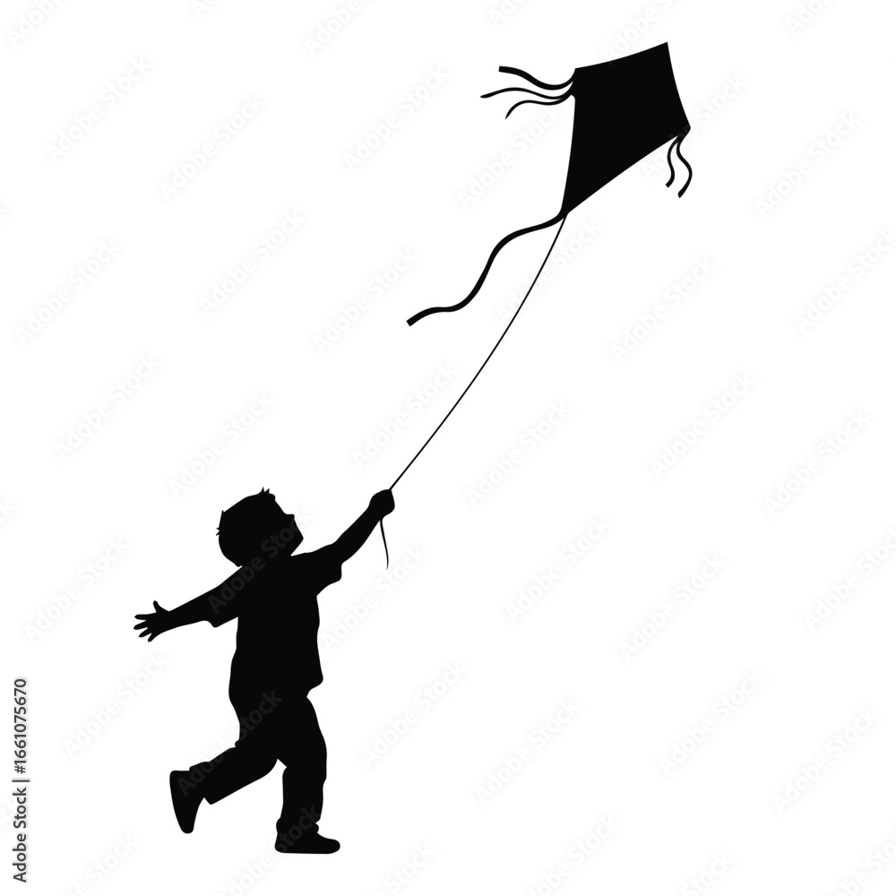 Obraz premium Silhouette of a young boy running and flying a kite with streamers against a white background in a simple style