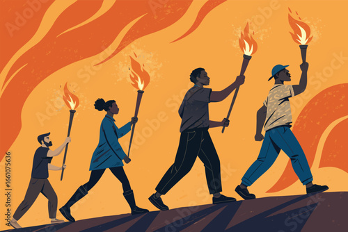 A determined band of revolutionaries marches forward, their determined faces illuminated by the flickering glow of their torches against a dramatic twilight sky.
