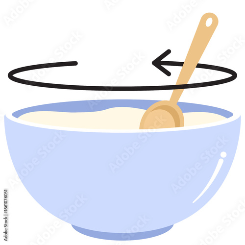 Wooden spoon stirring creamy batter in a light blue bowl, a minimalist illustration representing the concept of cooking and food preparation.