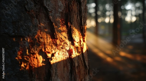 Golden sunbeams brightly illuminate textured tree bark in a tranquil forest scene. Warm light and shadows create a beautiful natural abstract pattern.