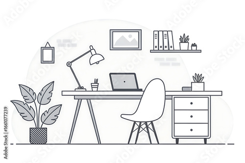 Minimalist Line Art Home Office Workspace Illustration
