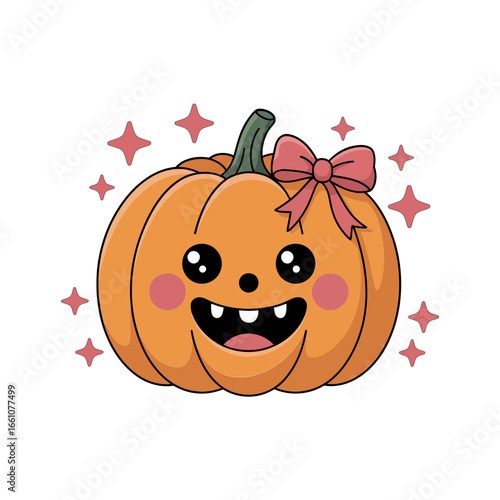 Cute pumpkin face vector, jack o lantern with pink bow and sparkles, Halloween decor, girly style, party invitation, sticker design, seasonal graphic