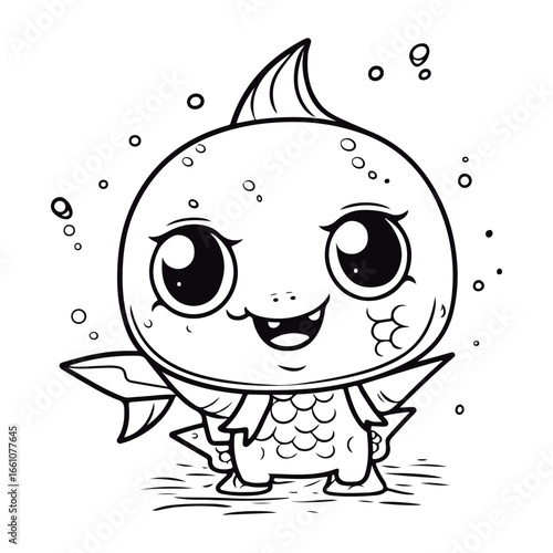 Cute Cartoon baby Pike kawai outlined for coloring book isolated on a white background.
