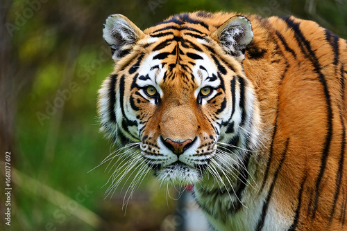 beautiful bengal tiger with lush green habitat background