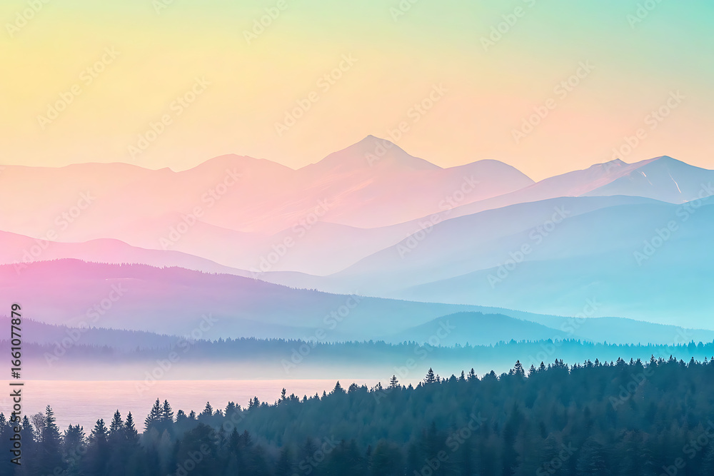 Fototapeta premium Tranquil Pastel Mountain Vista with Layered Hills and Misty Horizon 
