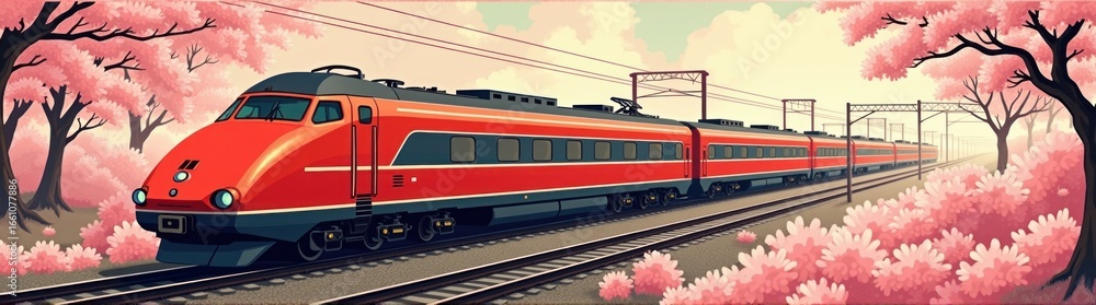 Naklejka premium Red train that is traveling down the tracks travel concept