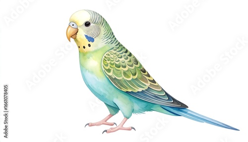 Watercolor Illustration of a Budgerigar Bird with Blue and Green Plumage.