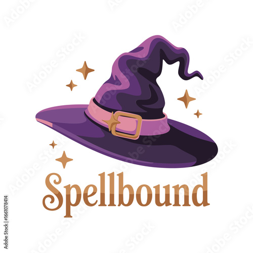 Spellbound witch hat vector icon, purple wizard hat with stars, magical Halloween logo, cute sticker design, kids party graphic, spooky night clipart