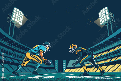 Intense night football match illuminated by powerful stadium floodlights, creating a vibrant, energetic atmosphere.