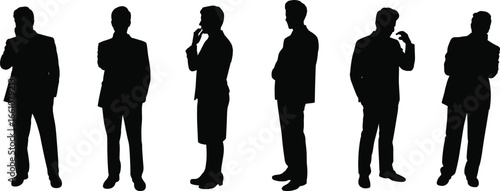 Silhouettes of diverse business people standing in various confident poses, professional teamwork concept, corporate communication, leadership, and workplace collaboration illustration