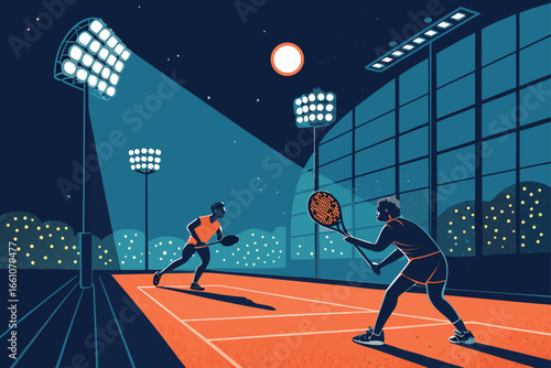 Night padel match illuminated by vibrant stadium lights, players in dynamic motion, glowing ball.