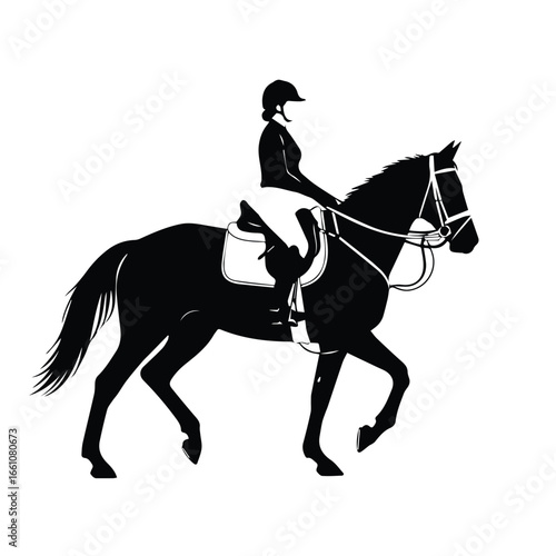 Silhouette of a horse and rider wearing a helmet and riding gear in black and white style image