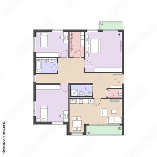 Plan of an abstract furnished apartment with two bathrooms, a balcony and a loggia.