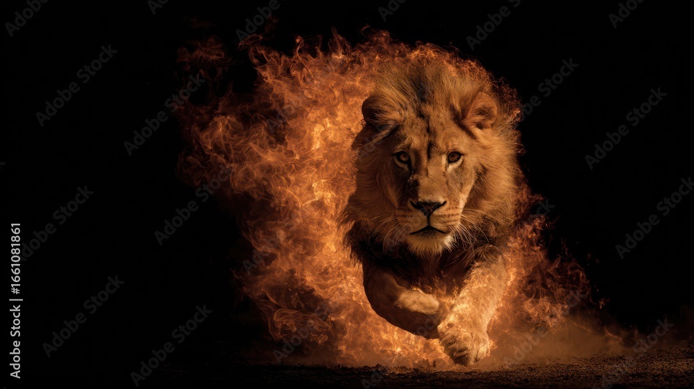 Naklejka premium Majestic lion running through fiery flames